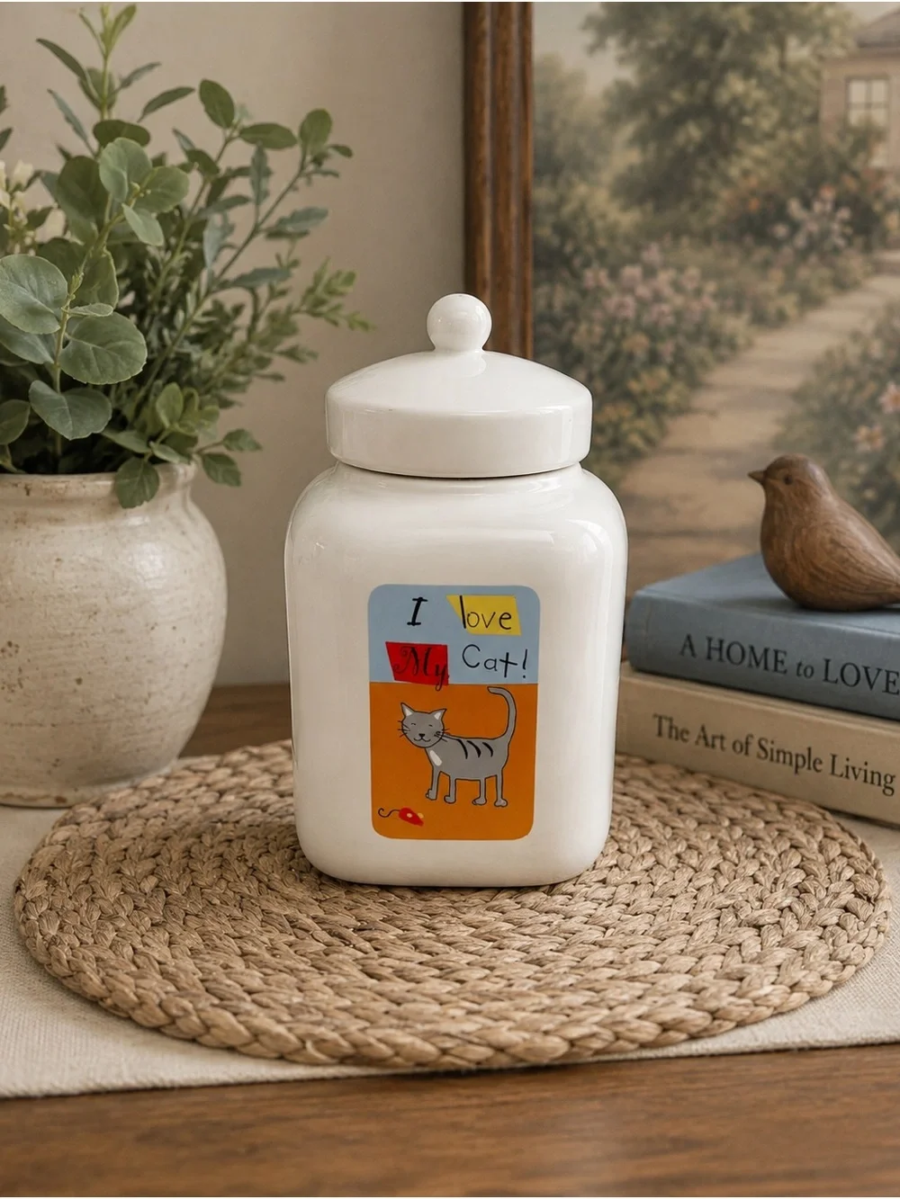 White Ceramic Cat Treat Canister with Lid